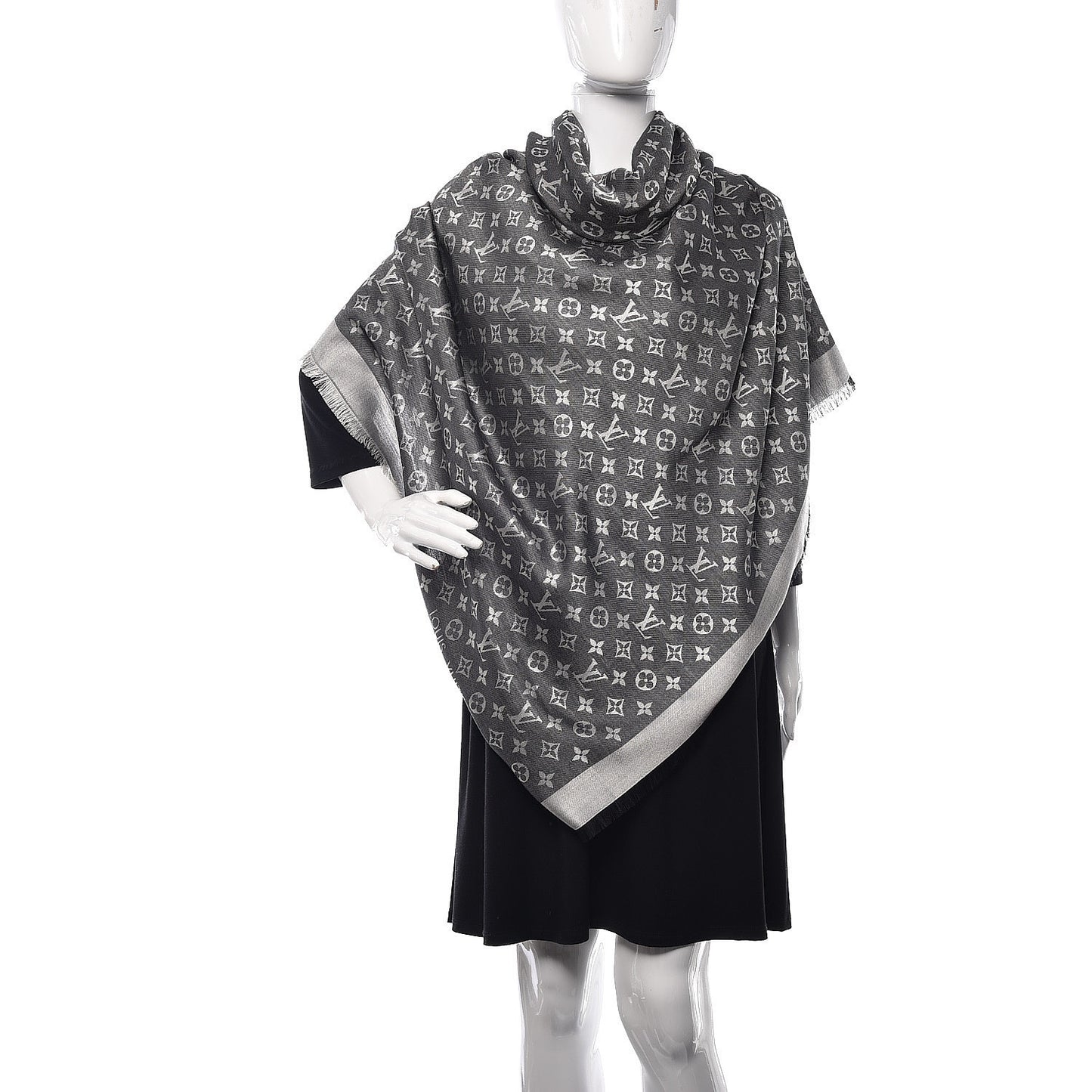 Wool Silk Monogram Denim Shawl Black