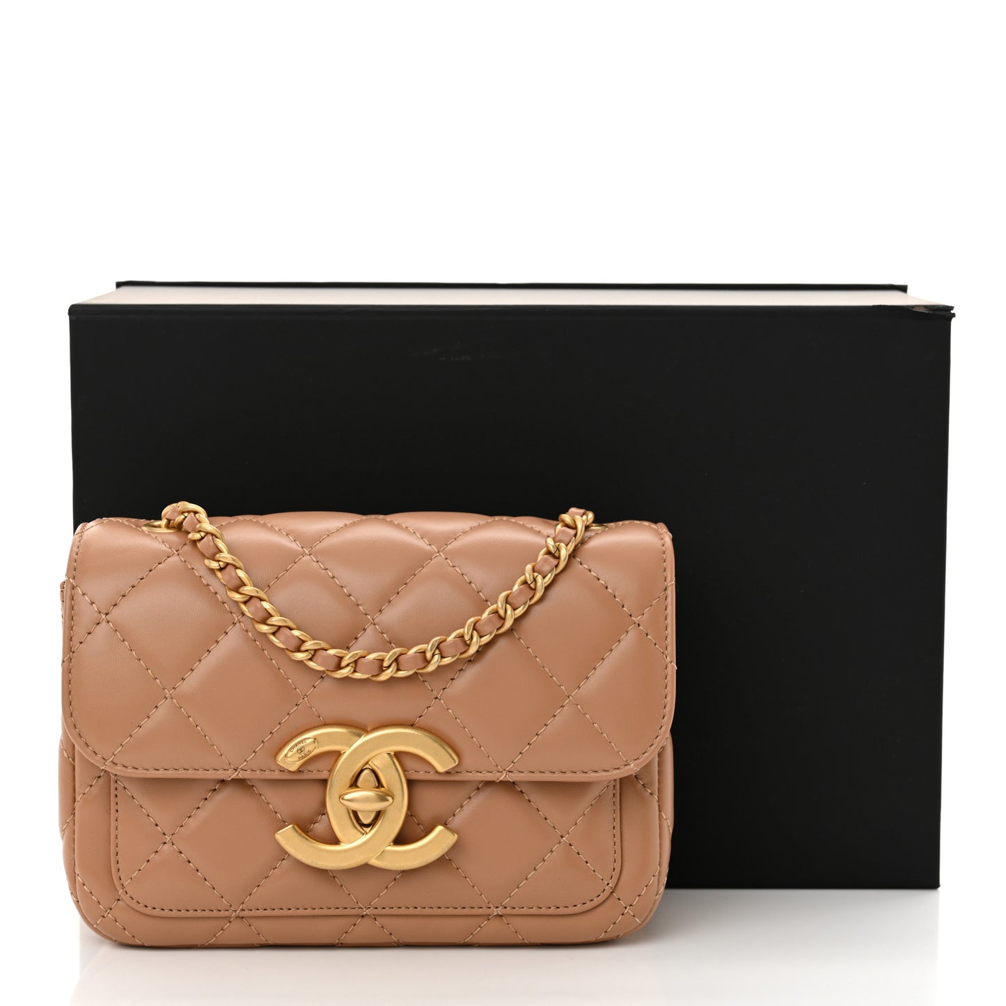 Shiny Lambskin Quilted Mini Maxi CC Flap Beige