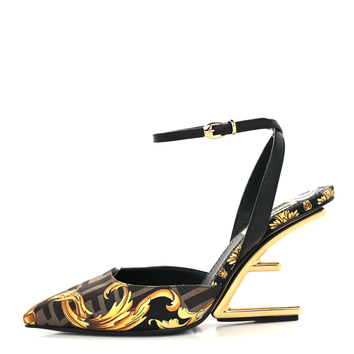 X VERSACE Silk Calfskin Fendace Fendi First 95mm Slingback Sandals 35 Tobacco Black Gold