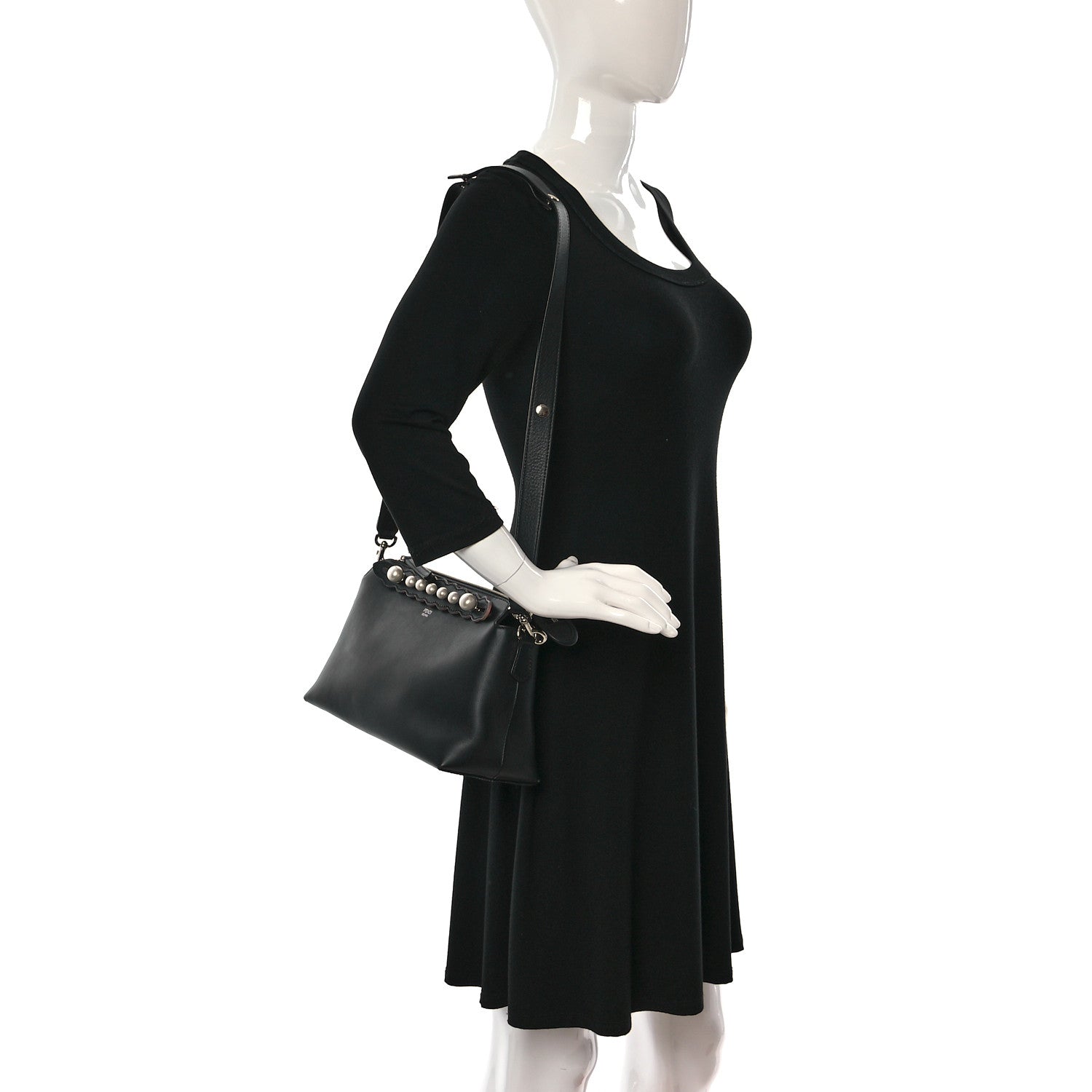 Fendi Vitello Dolce Scalloped Pearl Studded Medium By The Way Boston Bag Black 2 of 8