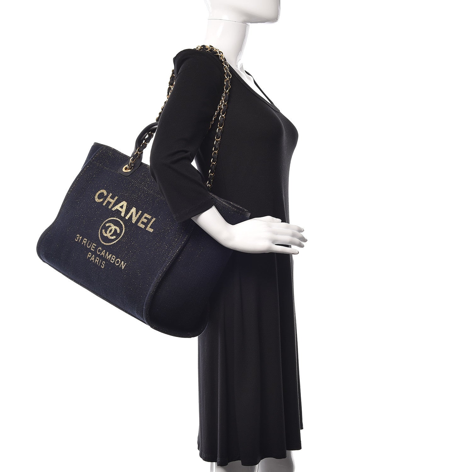 Chanel Lurex Canvas Medium Deauville Tote Navy Blue Gold 2 of 11