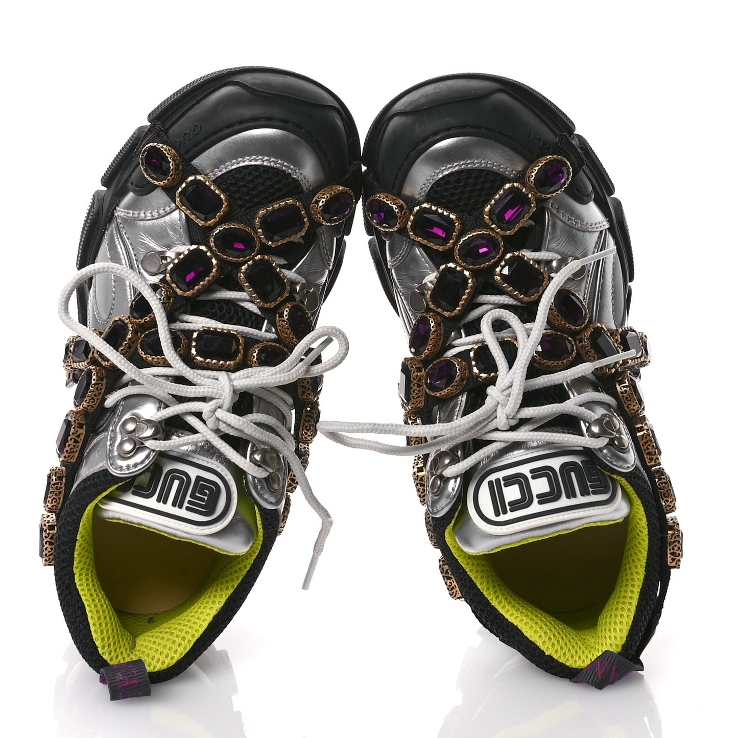 X SEGA Metallic Calfskin Mesh Removable Crystals Womens Flashtrek Sneakers 37 Silver Black