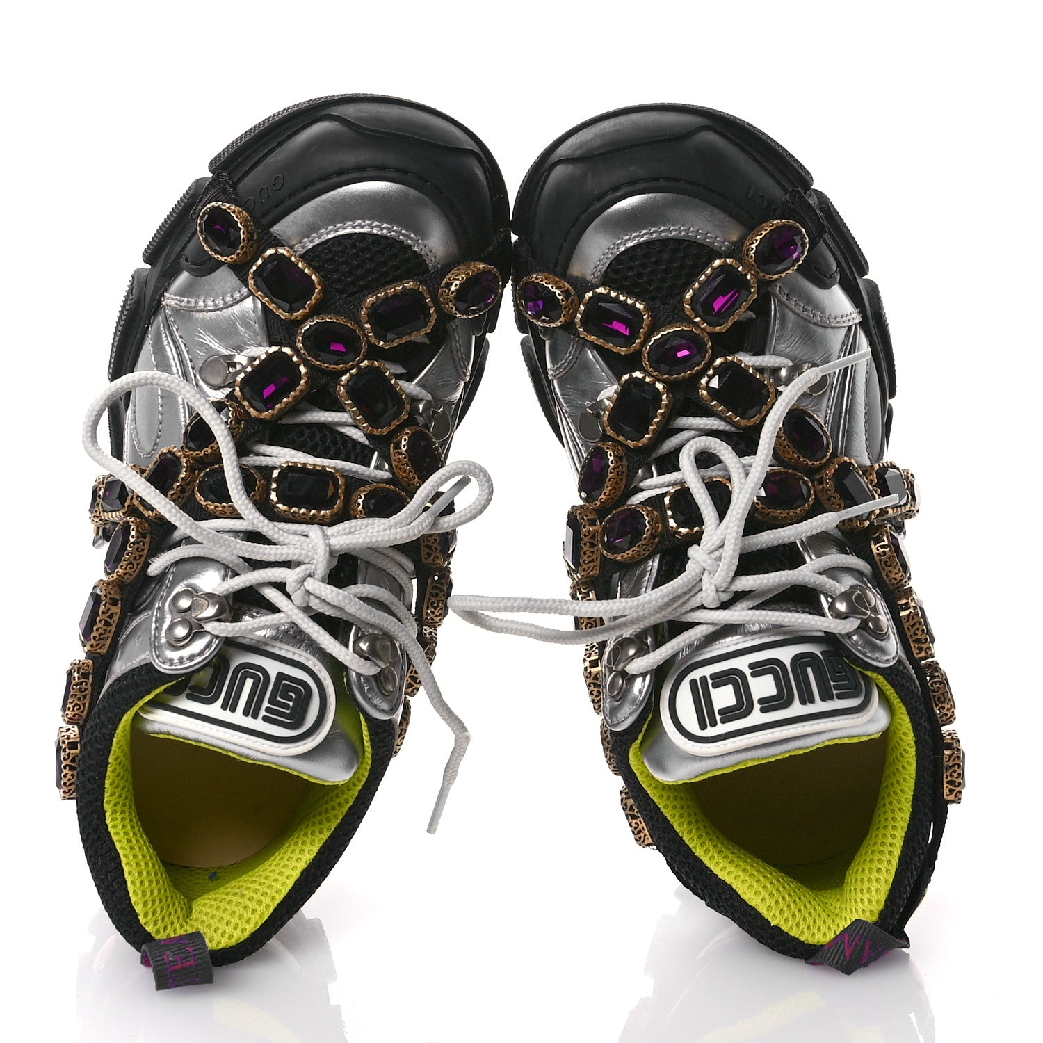 Gucci X SEGA Metallic Calfskin Mesh Removable Crystals Womens Flashtrek Sneakers 37 Silver Black 2 of 7