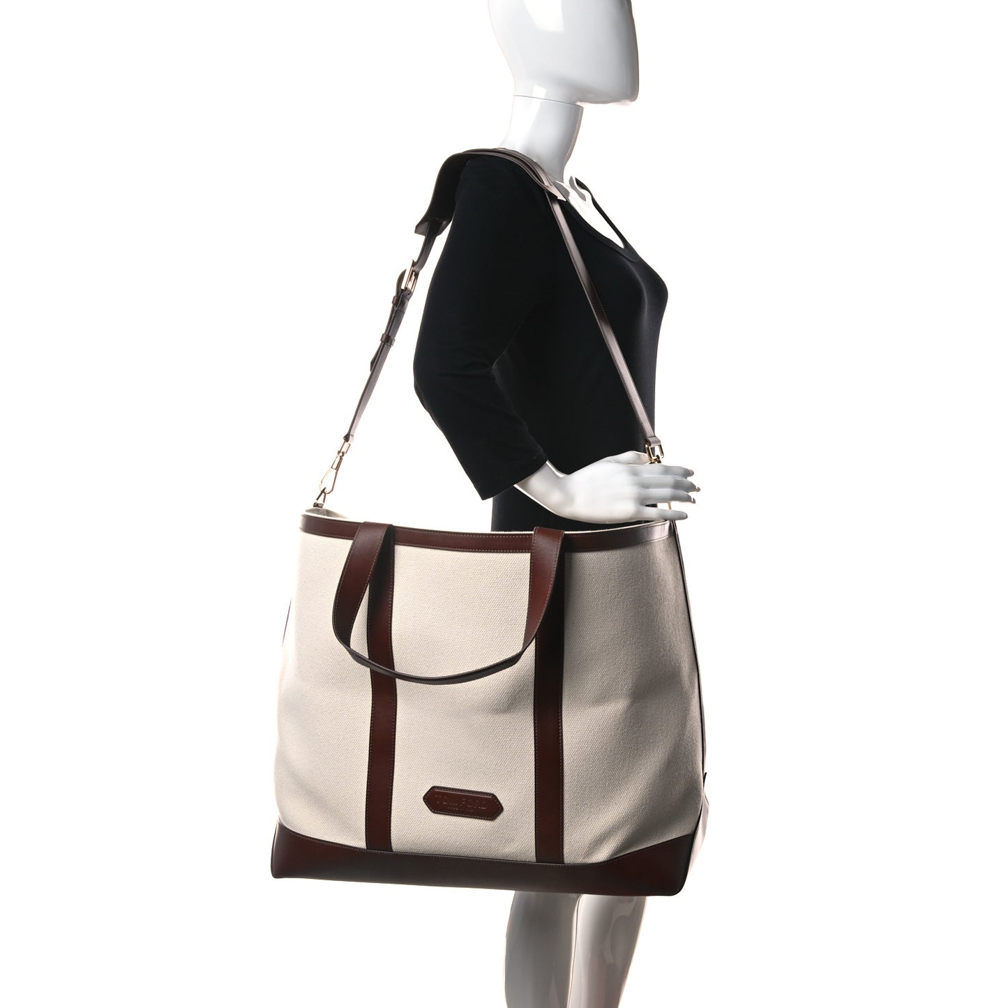 Canvas Calfskin Travel Tote White Brown
