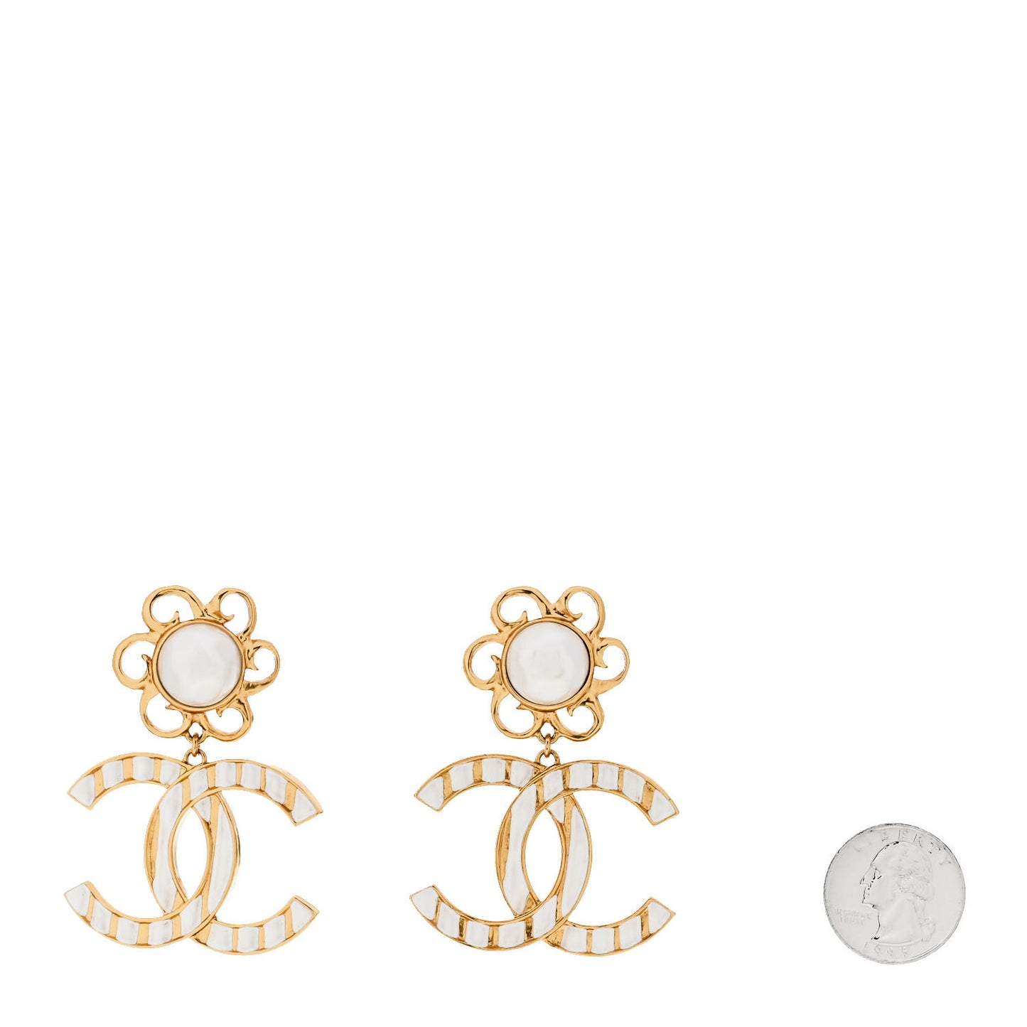 Metal Enamel Pearl CC Drop Earrings Gold White