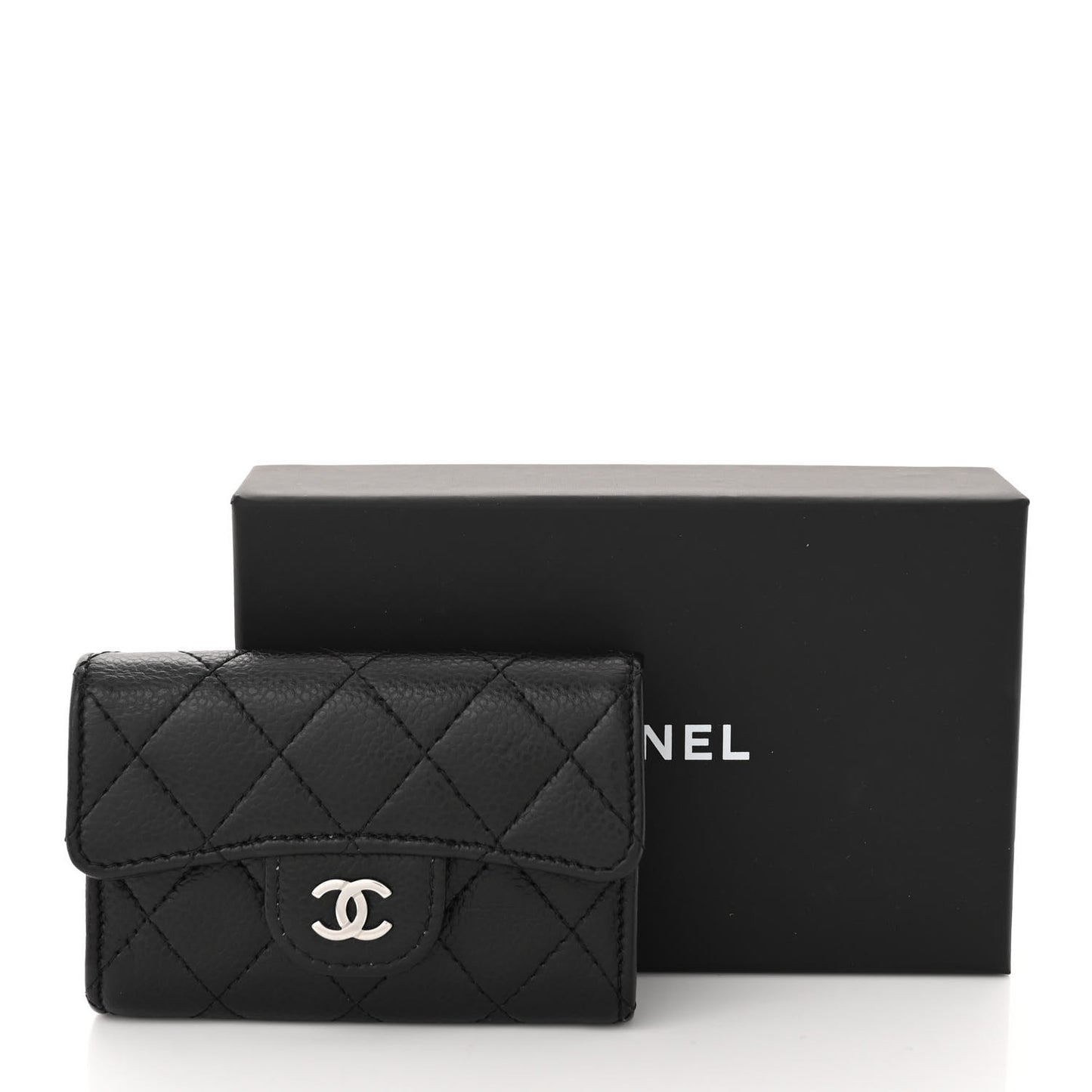 Caviar Quilted Flap Card Holder Wallet Black