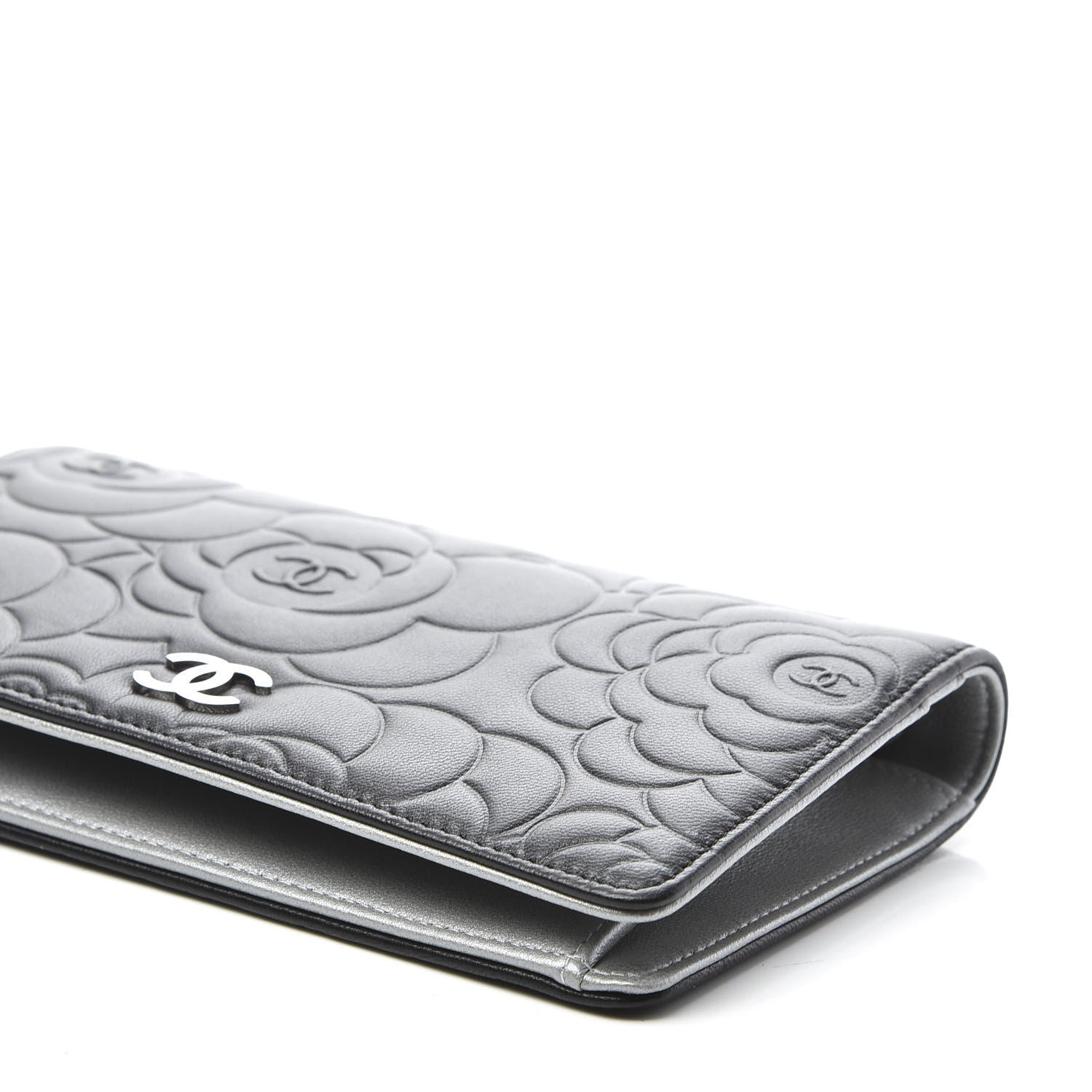 Chanel Lambskin Camellia Embossed Yen Wallet Black 6 of 9
