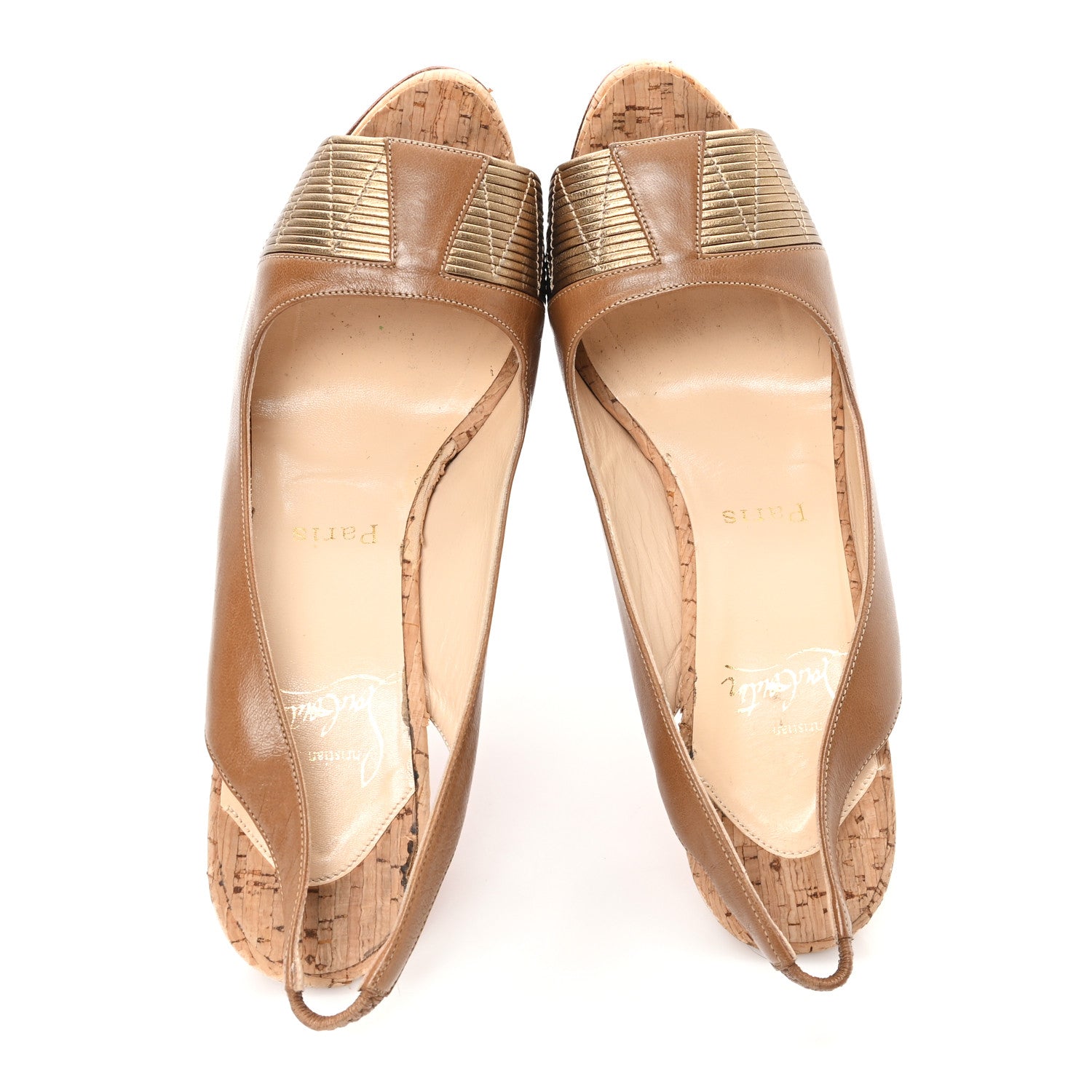 Christian Louboutin Nappa Cork Moyen Empire Platform Slingback Peep Toe Pumps 38.5 Brown Gold 2 of 9