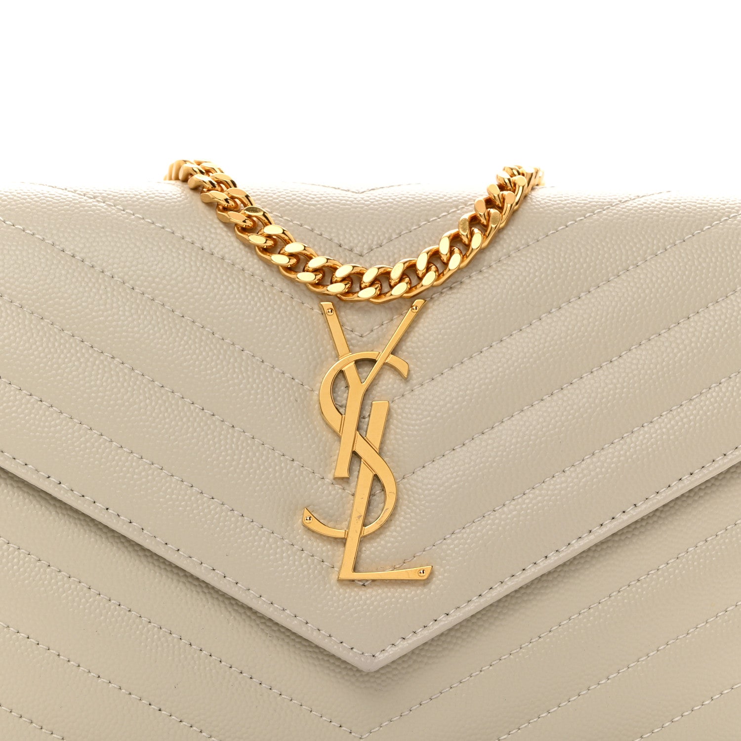 Saint Laurent Grain De Poudre Matelasse Chevron Monogram Chain Wallet Crema Soft 7 of 10