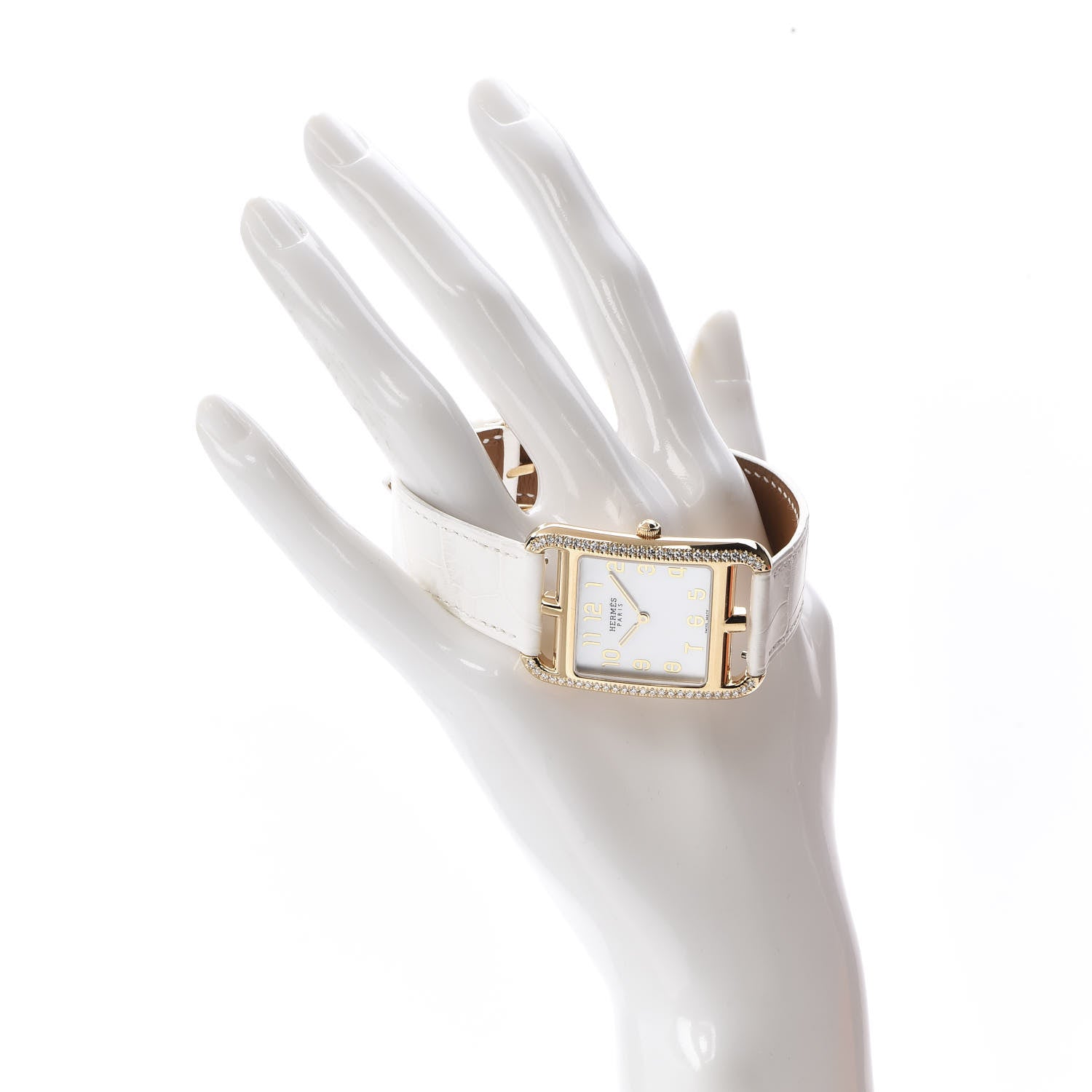 Hermes 18K Yellow Gold Alligator Diamond Bezel Mother of Pearl 29mm Cape Cod Quartz Watch Blanc 2 of 10