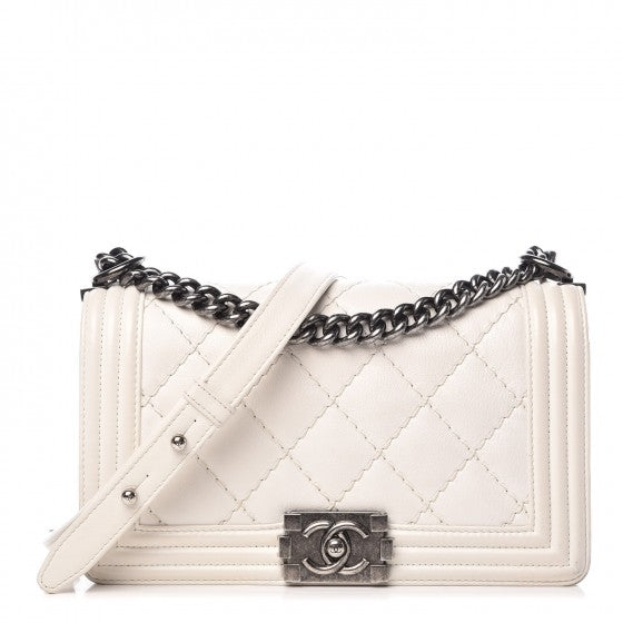 Calfskin Double Stitch Medium Boy Flap White