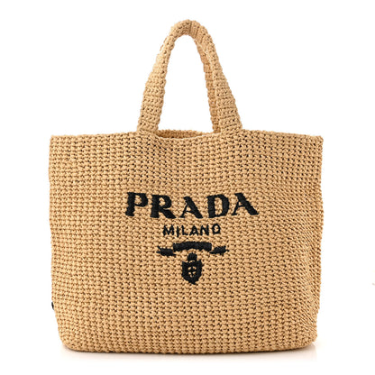 Prada Yarn Raffia Effect Crochet Embroidered Logo Tote Naturale 1 of 10