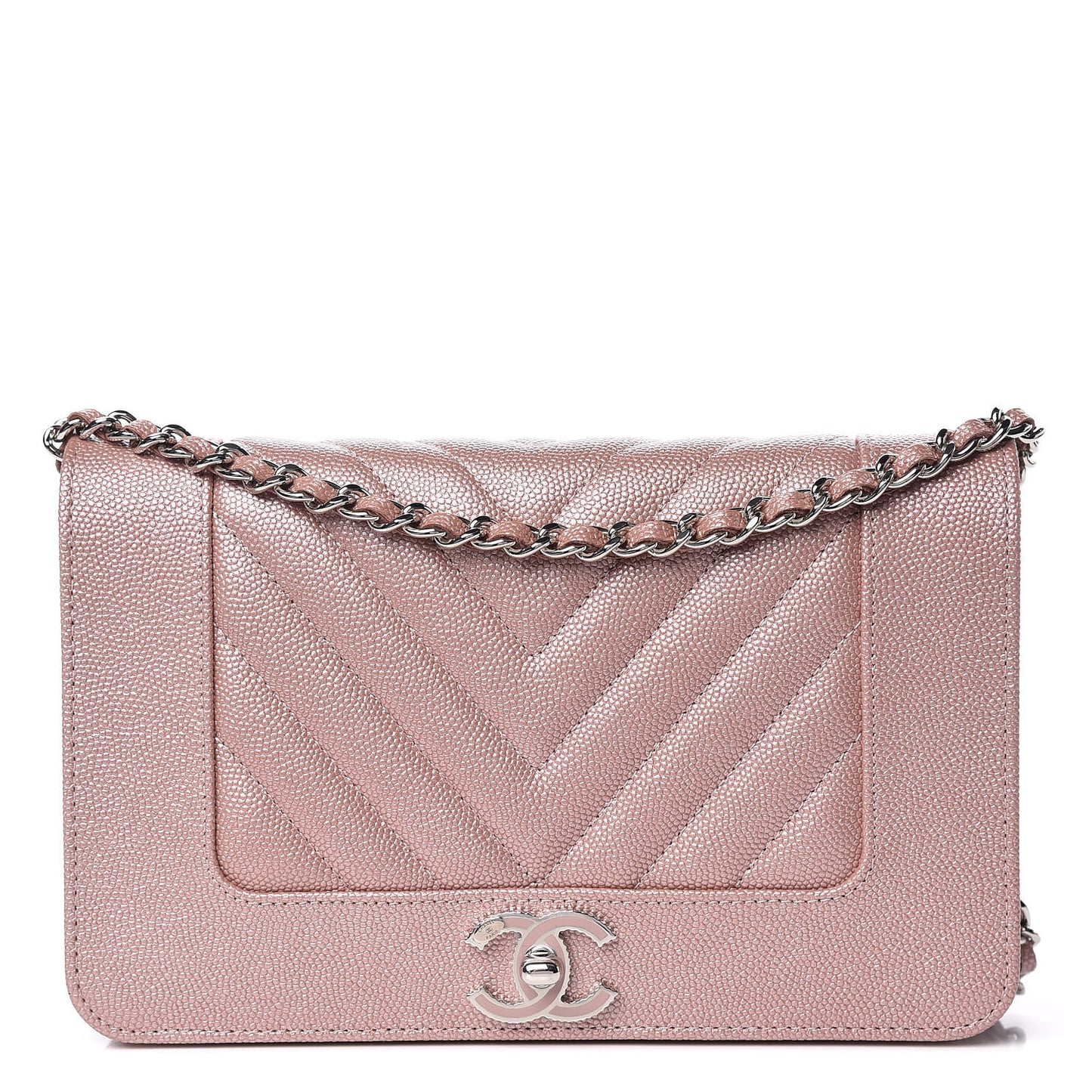 Metallic Caviar Chevron Quilted Vintage Mademoiselle Wallet On Chain WOC Pink