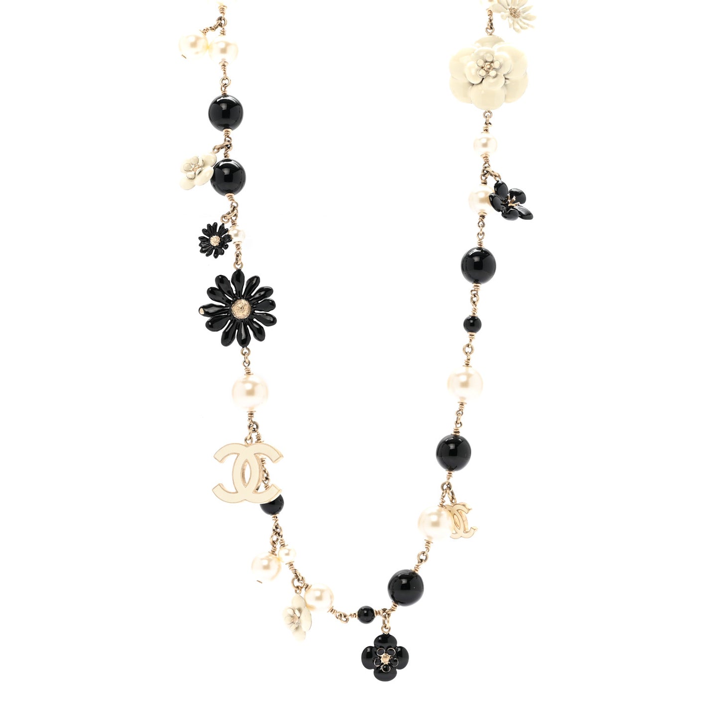 Pearl Enamel Resin Beaded Camelia CC Long Necklace Black White Gold