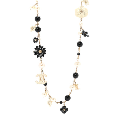 Chanel Pearl Enamel Resin Beaded Camelia CC Long Necklace Black White Gold 1 of 5