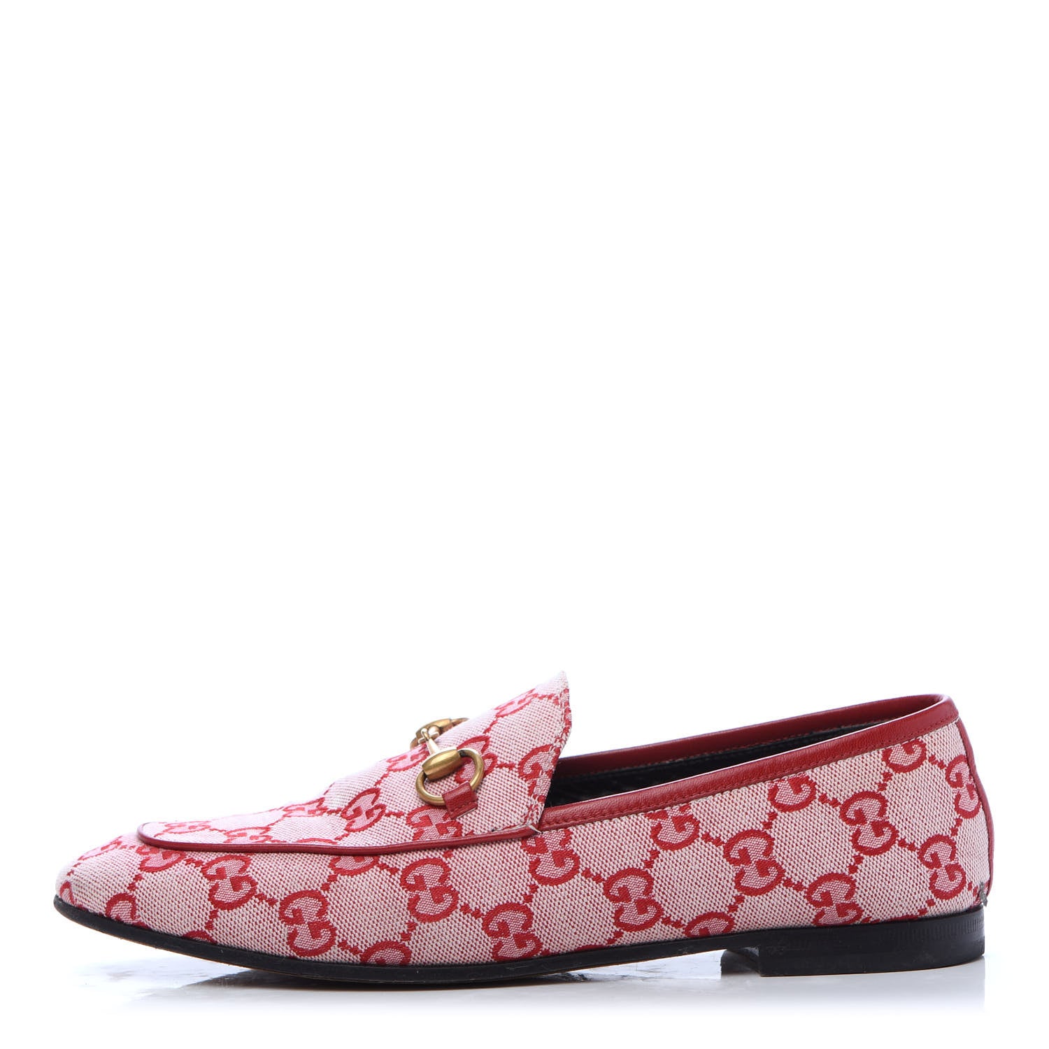 Gucci Canvas GG Monogram Horsebit Womens Jordaan Loafers 37 Gardenia Hibiscus Red 1 of 9