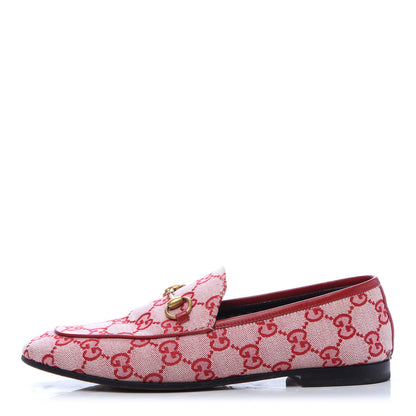 Gucci Canvas GG Monogram Horsebit Womens Jordaan Loafers 37 Gardenia Hibiscus Red 1 of 9