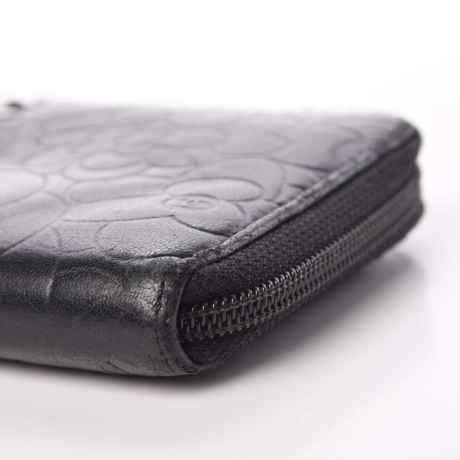 Chanel Lambskin Camellia Embossed Large Zip Around Gusset Wallet Black 12 of 15