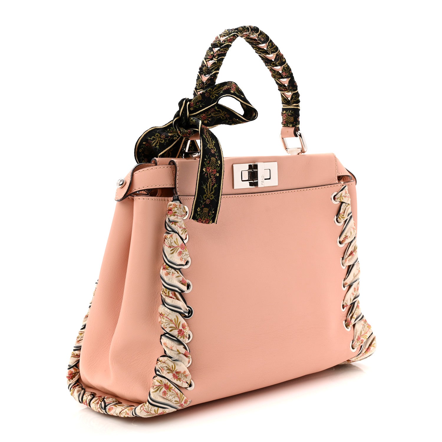 Fendi Vitello Seta Shiny Nappa Ribbon Lace Up Floral Medium Peekaboo Iconic Satchel Baby Pink Multicolor 3 of 11