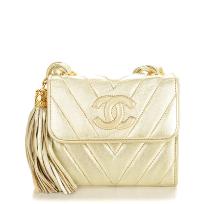 Chanel Metallic Lambskin Chevron Quilted Mini Square Tassel Flap Gold 1 of 9