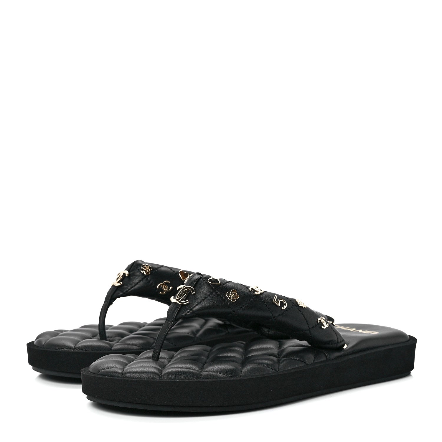 Chanel Lambskin Quilted Padded Charms Thong Sandals 39.5 Black 3 of 8