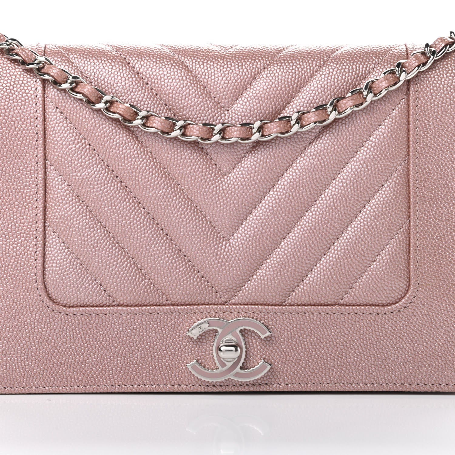 Chanel Metallic Caviar Chevron Quilted Vintage Mademoiselle Wallet On Chain WOC Pink 9 of 12