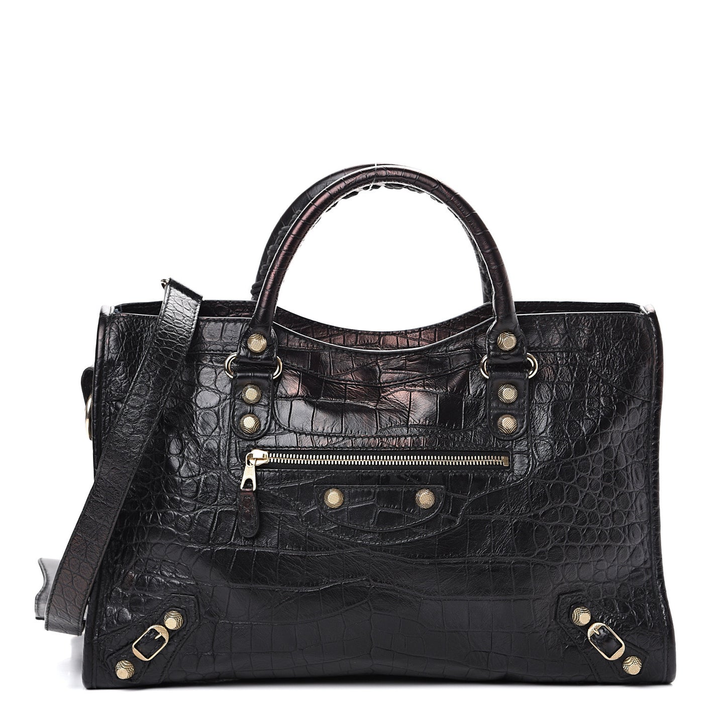 Calfskin Crocodile Embossed Giant 12 Gold Hardware City Black
