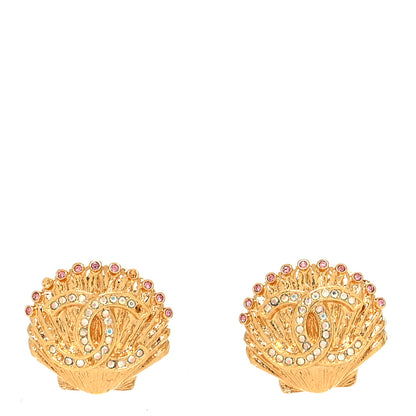 Chanel Crystal CC Shell Earrings Gold 1 of 6