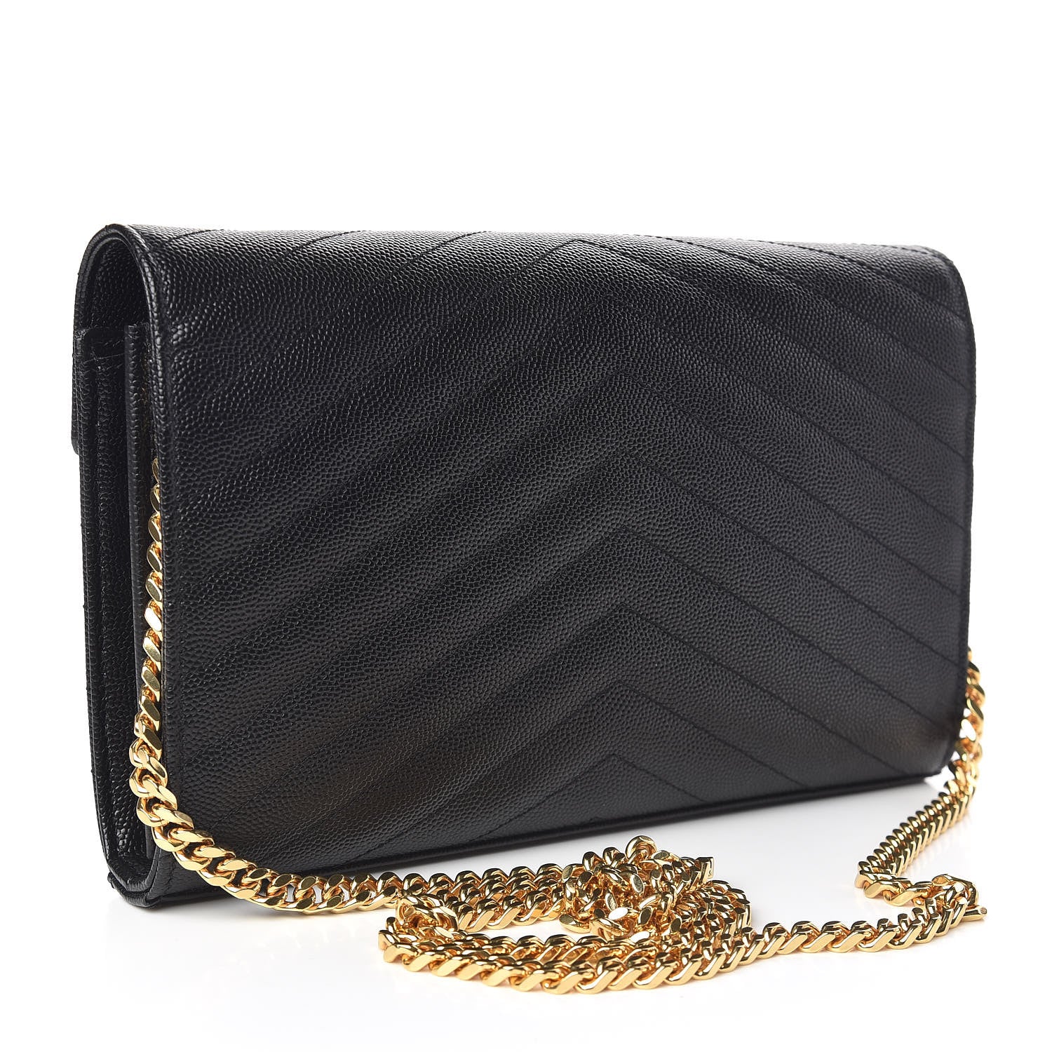 Saint Laurent Grain De Poudre Matelasse Chevron Monogram Chain Wallet Black 3 of 11