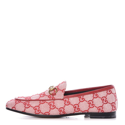 Gucci Canvas GG Monogram Horsebit Womens Jordaan Loafers 36.5 Gardenia Hibiscus Red 1 of 10