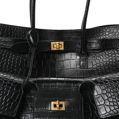 Balenciaga Crocodile Embossed Calfskin Medium Bel Air Carry All Bag Black 7 of 9
