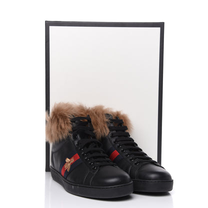 Gucci Calfskin Wool Web Bee Embroidered Mens Ace High Top Sneakers 8.5 Black 8 of 8