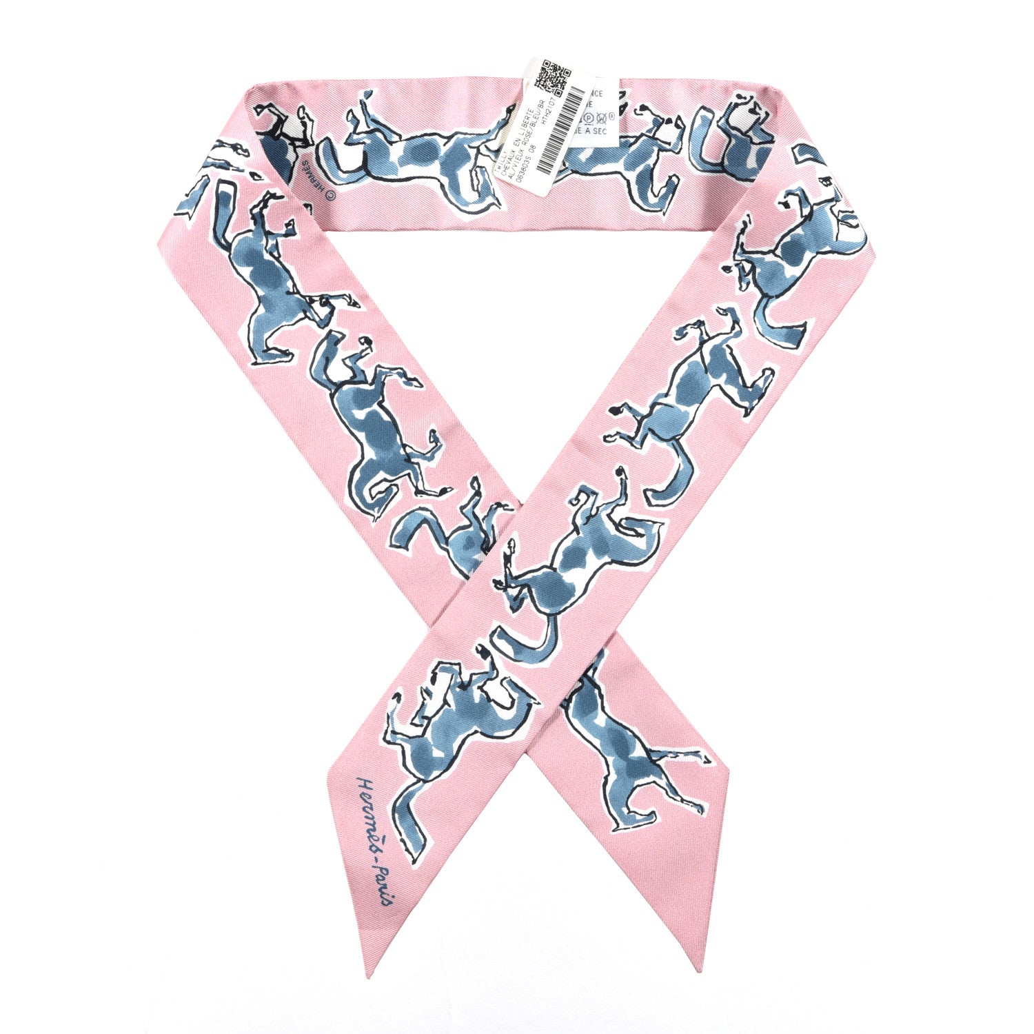 Hermes Silk Chevaux En Liberte Twilly Vieux Rose Bleu 1 of 4