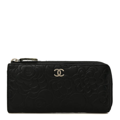 Chanel Lambskin Camellia Embossed Zipped Gusset Wallet Black 1 of 12