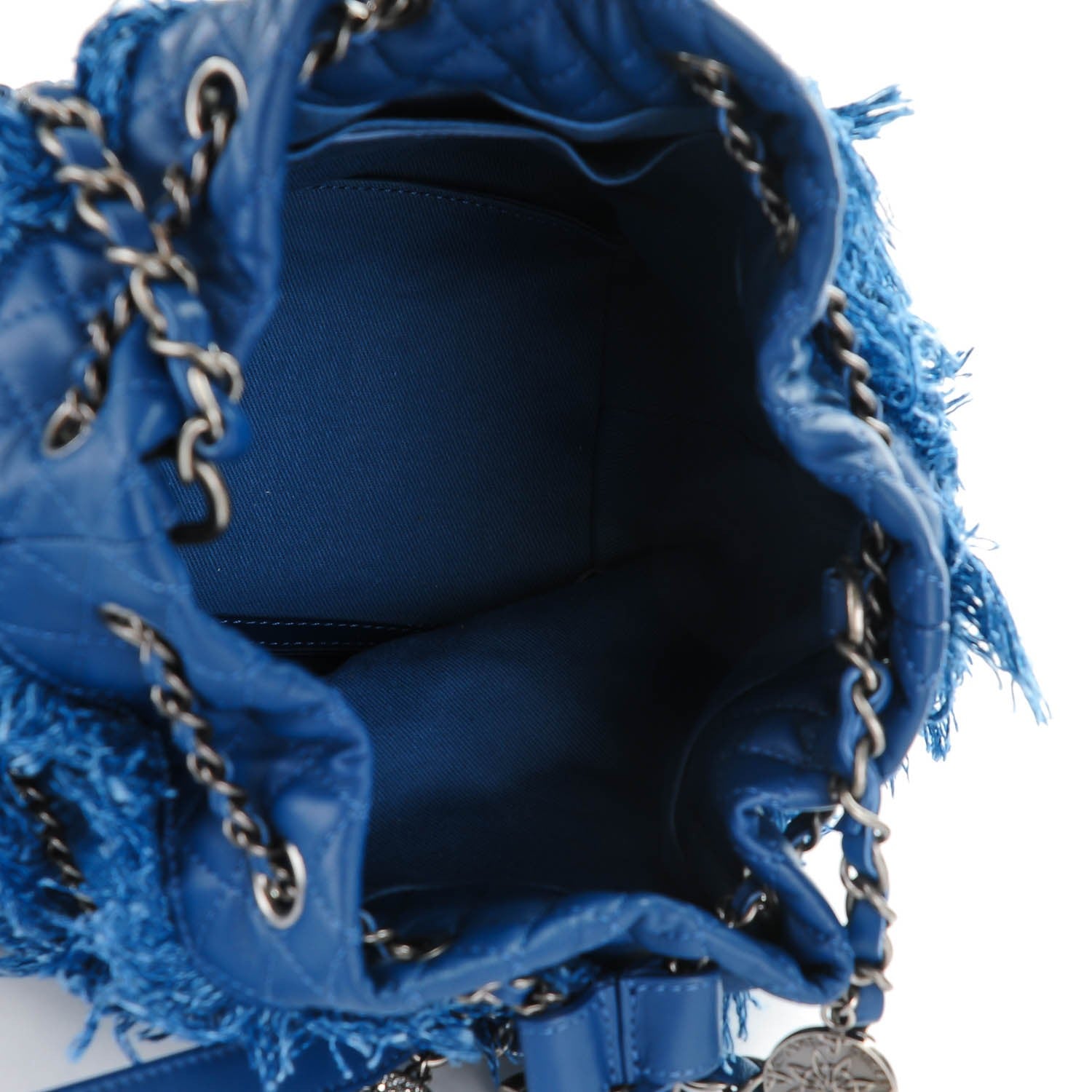 Chanel Calfskin Denim Fringe Chains CC Drawstring Bucket Bag Blue 6 of 8