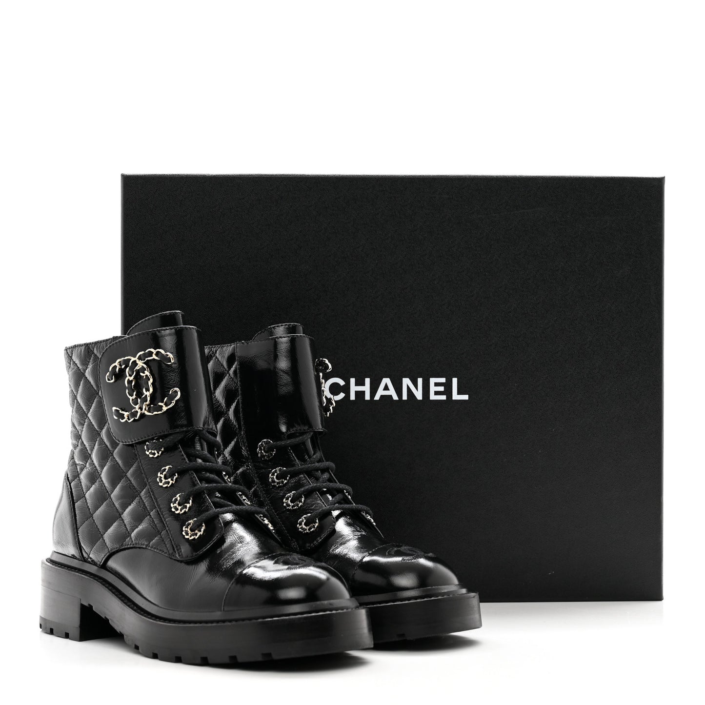Shiny Calfskin Quilted Lace Up Combat Boots 36 Black