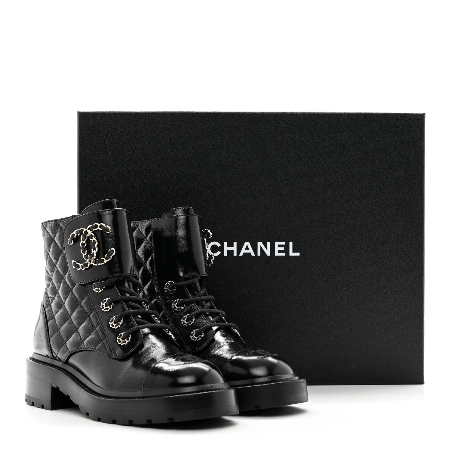 Chanel Shiny Calfskin Quilted Lace Up Combat Boots 36 Black 8 of 11