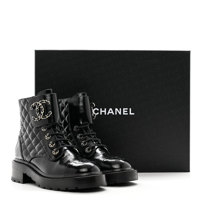 Chanel Shiny Calfskin Quilted Lace Up Combat Boots 36 Black 8 of 11