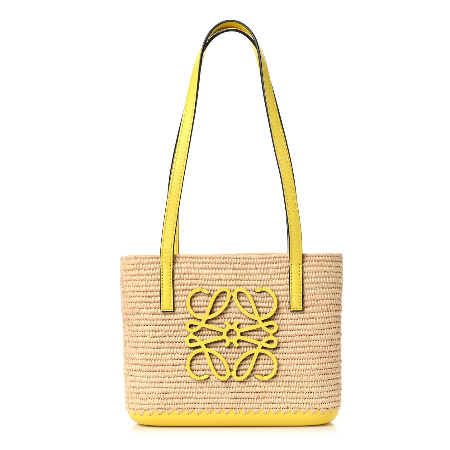 Raffia Square Mini Anagram Basket Tote Bag Natural Yellow
