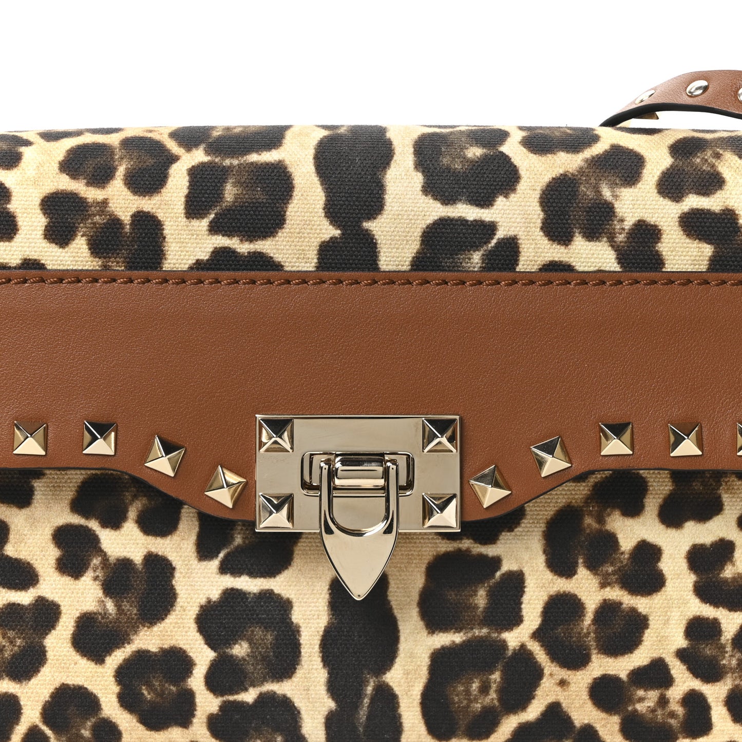 Calfskin Canvas Leopard Print Medium Rockstud Flip Lock Crossbody Bag Tan