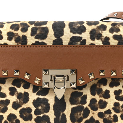Valentino Garavani Calfskin Canvas Leopard Print Medium Rockstud Flip Lock Crossbody Bag Tan 7 of 9