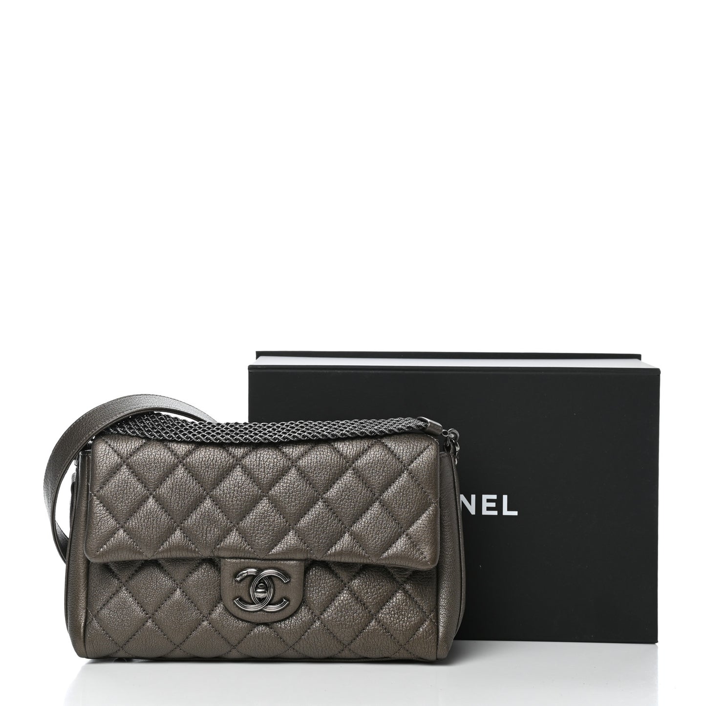 Metallic Goatskin Quilted Chain Handle Flap Silver