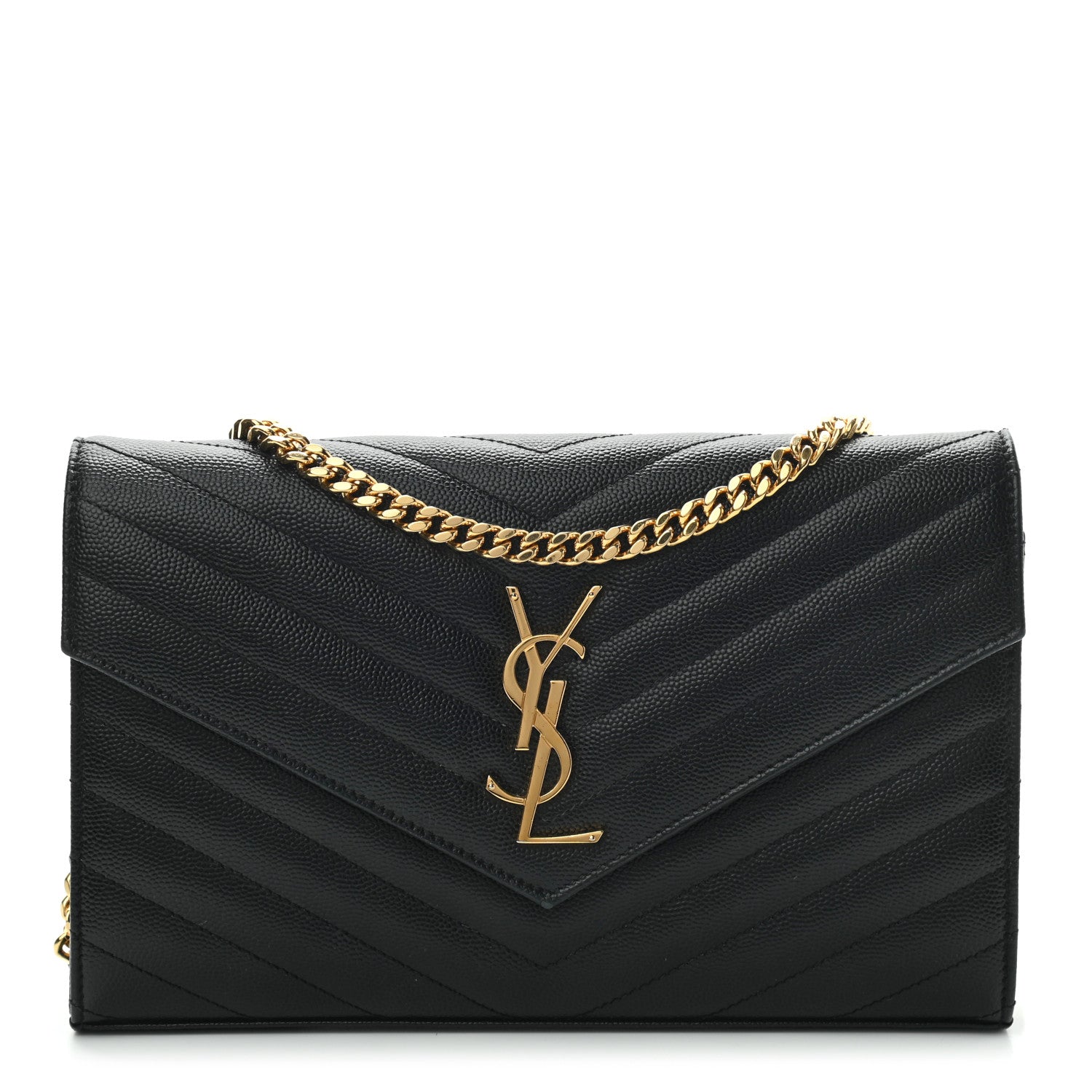 Saint Laurent Grain De Poudre Matelasse Chevron Monogram Chain Wallet Black 1 of 9