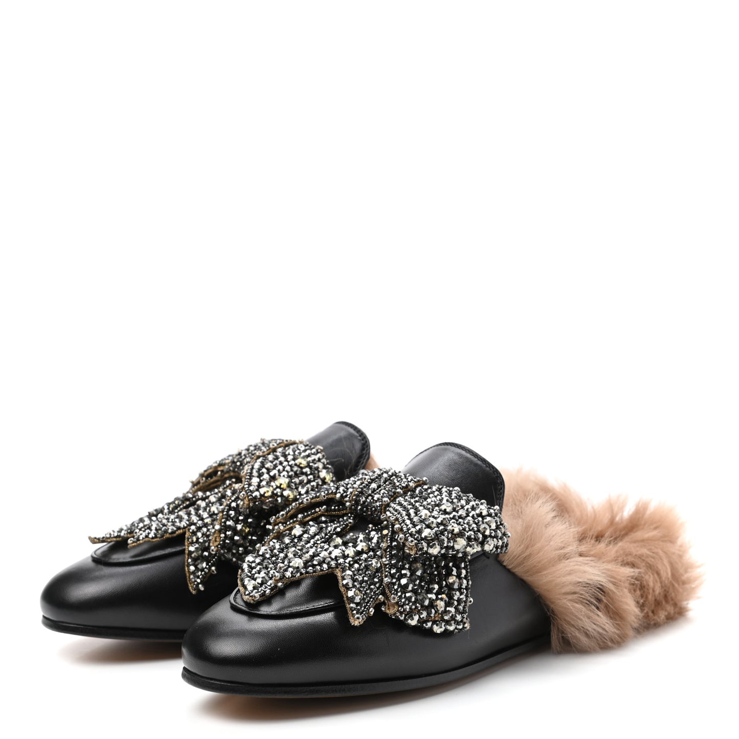 Malaga Kid Fur Crystal Bow Embroidered Womens Princetown Slippers 36.5 Black