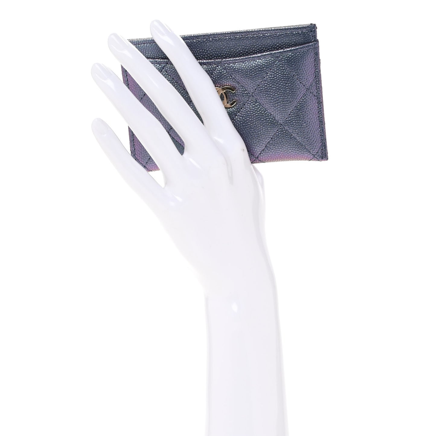 Iridescent Caviar Quilted Card Holder Dark Blue