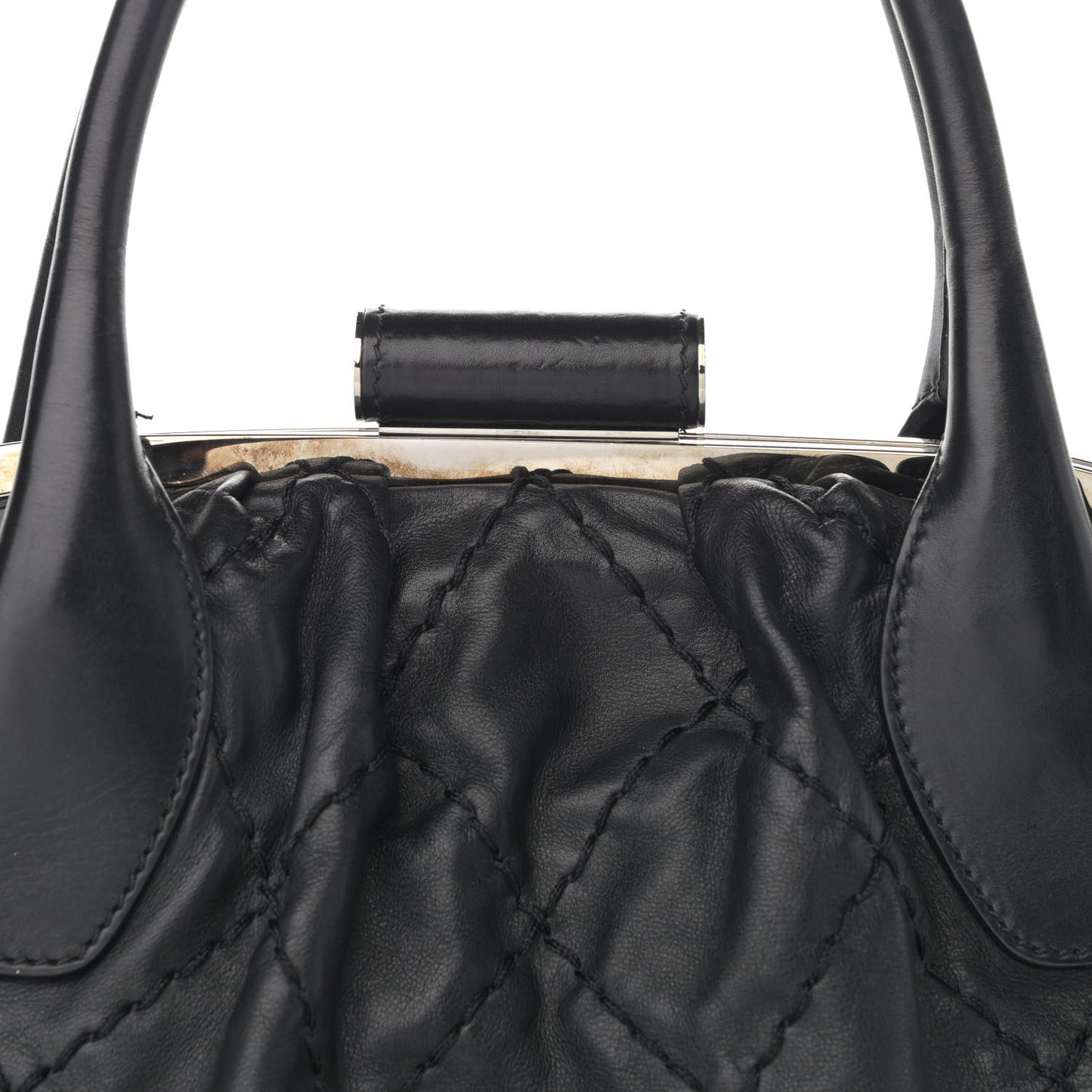 Calfskin Stitched Expandable Frame Bag Black