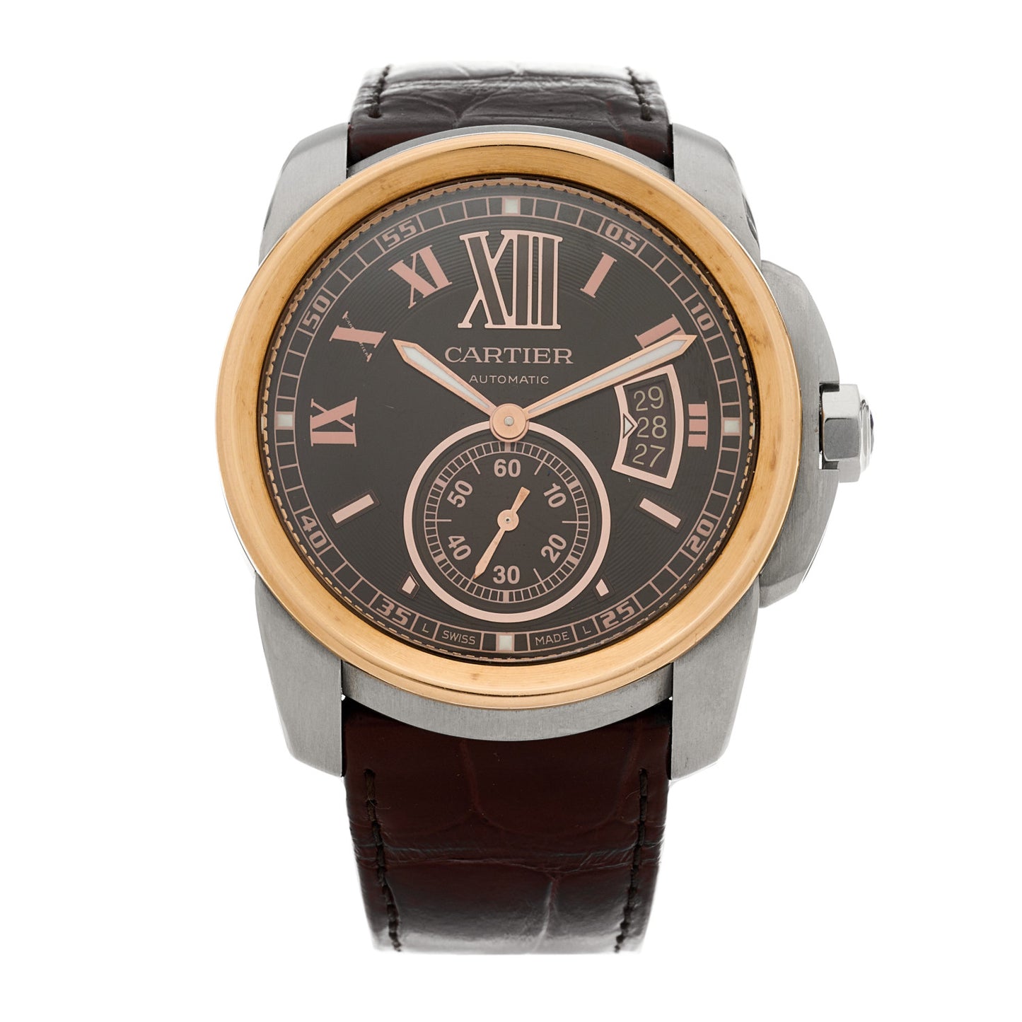 Stainless Steel 18K Pink Gold Alligator 42mm Calibre de Cartier Automatic Watch Brown