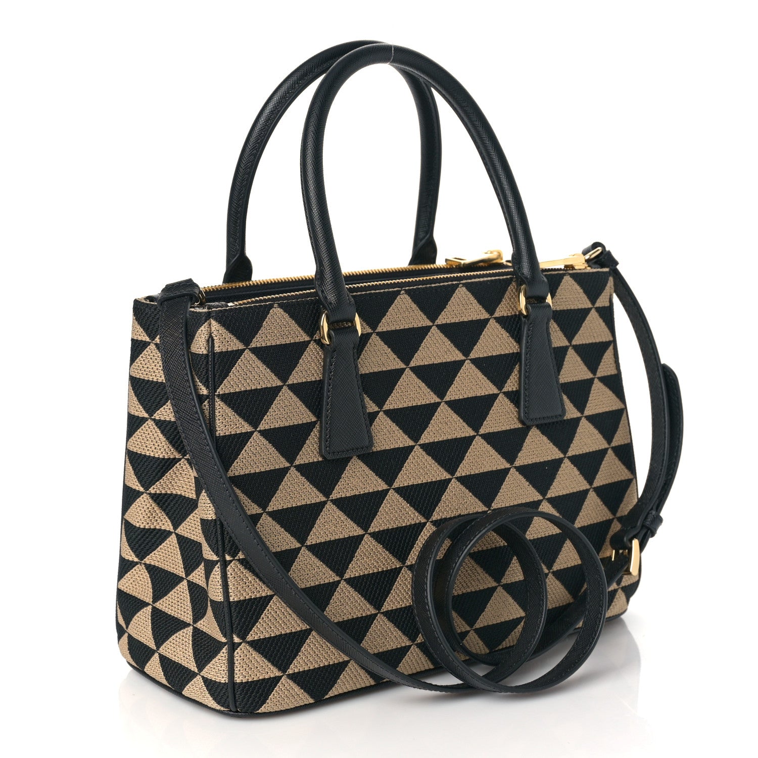 Prada Jacquard Saffiano Triangolo Symbole Embroidered Small Galleria Double Zip Tote Black Corda 2 of 7