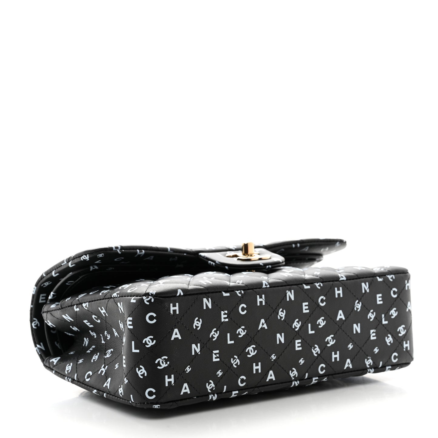 Lambskin Quilted Logo CC Printed Small Double Flap Black White