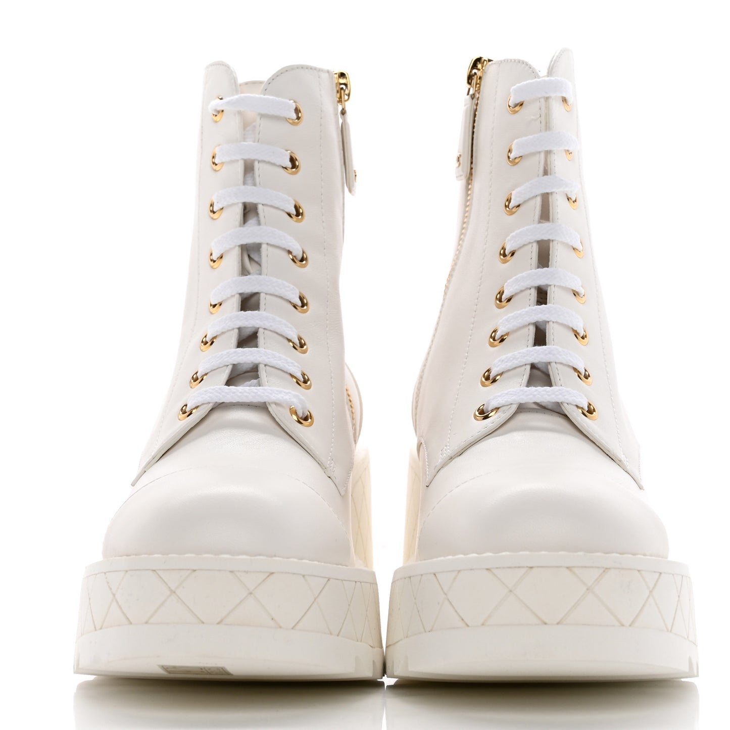Lambskin Quilted Lace Up Wedge Combat Boots 37.5 White